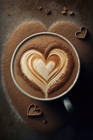 Cup of coffee latte with heart pattern on table, created using generative ai technology. Coffee, caffeine and drink concept digitally generated image.の素材