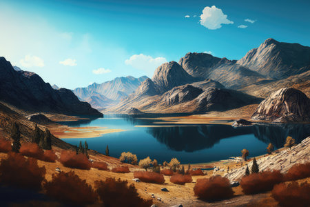 Scenic landscape with lake and mountains, created using generative ai technology. Nature, scenery and beauty in nature concept digitally generated image.の素材