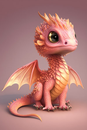 Image of cute pink dragon on purple background, using generative ai technology. Dragon and fantasy concept.の素材
