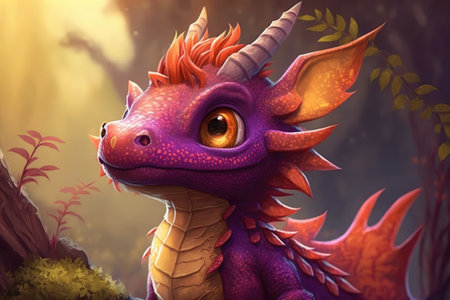 Image of cute purple dragon with horns over jungle, using generative ai technology. Dragon and fantasy concept.の素材