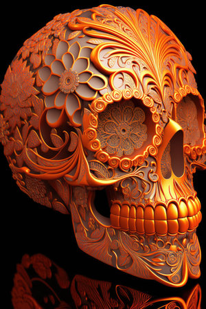 Orange mexican decorative sugar skull on black background, using generative ai technology. Skull, mexico and traditional concept.の素材
