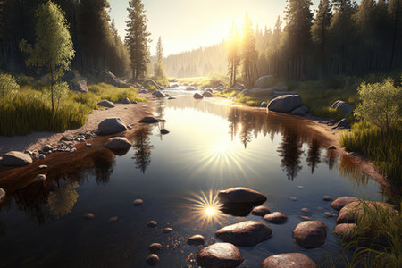 Scenic landscape with river creek and mountains, created using generative ai technology. Nature, scenery and beauty in nature concept digitally generated image.の素材