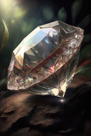 Close up of cut diamond with reflections on dark background, created using generative ai technology. Precious stones, luxury and wealth concept digitally generated image.の素材