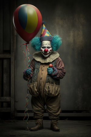 Scary clown holding balloon in blue wig, created using generative ai technology. Evil clown and scare concept digitally generated image.の素材