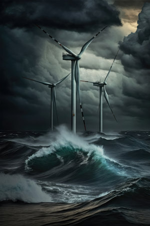 Three wind turbines in ocean and clouded sky, created using generative ai technologyの素材