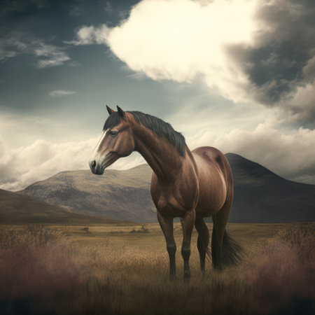 Brown horse standing in field, created using generative ai technology. Nature, horse, animal and wildlife concept digitally generated image.の素材