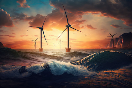 Wind turbines in ocean and clouded sky, created using generative ai technology. Wind energy, sustainability, environment and climate change concept digitally generated image.の素材