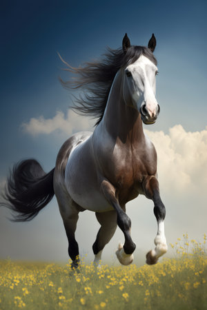 Brown horse running in meadow, created using generative ai technology. Nature, horse, animal and wildlife concept digitally generated image.の素材