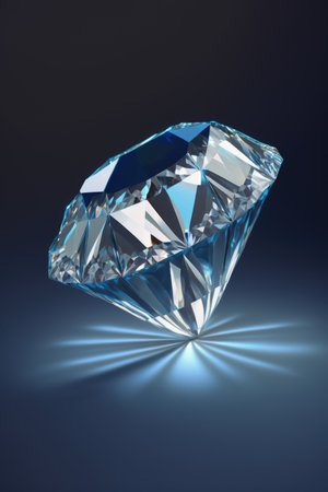Close up of cut diamond with reflection on blue background, created using generative ai technology. Precious stones, luxury and wealth concept digitally generated image.の素材