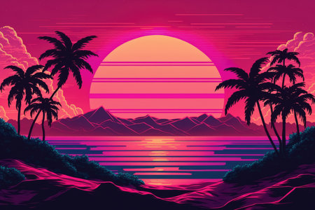 Pink and purple landscape with sun and palm trees, created using generative ai technology. Vaporwave background and colour concept digitally generated image.の素材