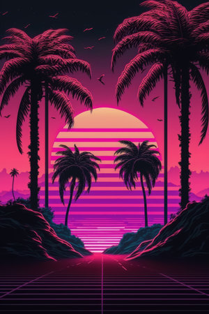 Pink and purple landscape with sun, palm trees and mountains, created using generative ai technology. Vaporwave background and colour concept digitally generated image.の素材