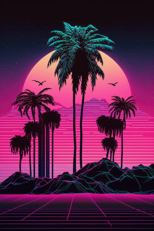 Pink and purple landscape with sun, palm trees and mountains, created using generative ai technology. Vaporwave background and colour concept digitally generated image.の素材