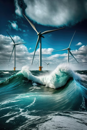 Multiple wind turbines in ocean and clouded sky, created using generative ai technologyの素材
