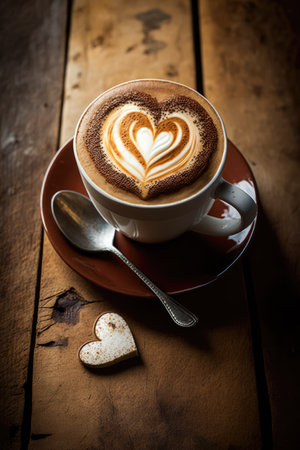 Cup of coffee latte with heart pattern and spoon on table, created using generative ai technology. Coffee, caffeine and drink concept digitally generated image.の素材