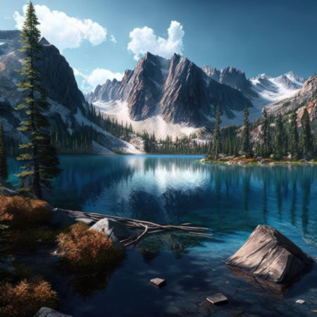 Scenic landscape with lake and mountains, created using generative ai technology. Nature, scenery and beauty in nature concept digitally generated image.の素材