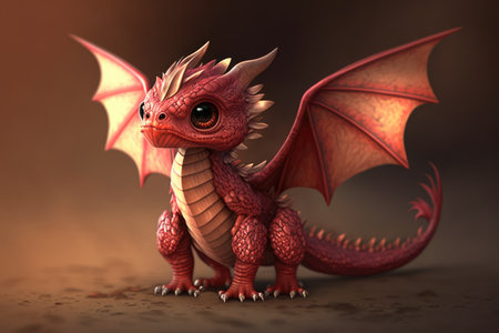 Image of cute red dragon on gray background, using generative ai technology. Dragon and fantasy concept.の素材