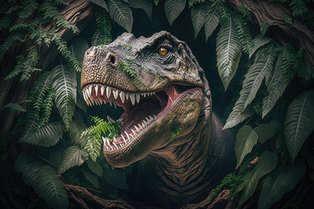 Tyrannosaurus rex dinosaur roaring over leaves in jungle, created using generative ai technology. Prehistory, dinosaur and paleontology concept.の素材