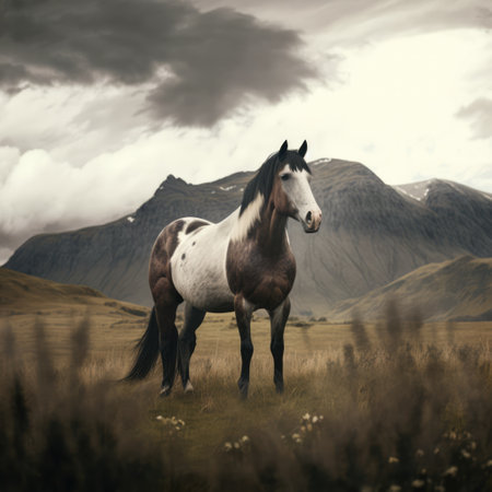 Brown and white horse standing in field, created using generative ai technology. Nature, horse, animal and wildlife concept digitally generated image.の素材