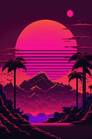 Pink and purple landscape with sun and palm trees, created using generative ai technology. Vaporwave background and colour concept digitally generated image.の素材