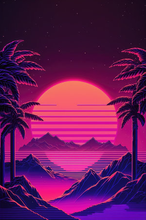 Pink and purple landscape with sun and palm trees, created using generative ai technology. Vaporwave background and colour concept digitally generated image.の素材
