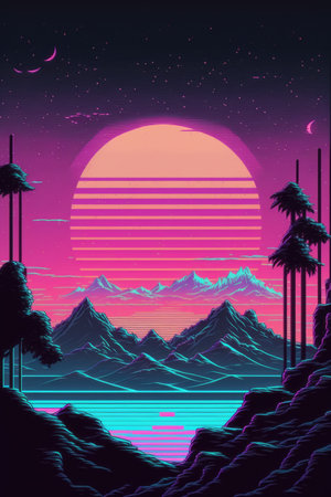 Pink and purple landscape with sun and palm trees, created using generative ai technology. Vaporwave background and colour concept digitally generated image.の素材
