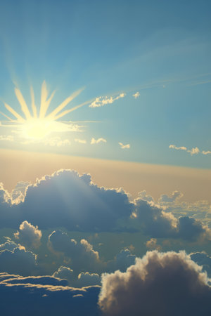 Scenery with clouds, sky and sun, created using generative ai technology. Cloud and sky scenery, weather and beauty in nature concept digitally generated image.の素材
