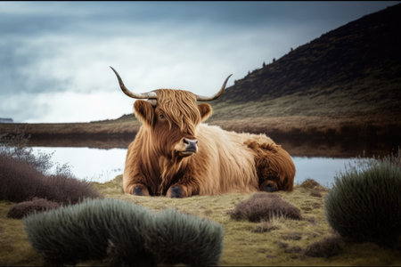 Portrait of highland cow lying in grass in mountains, created using generative ai technology. Cow, animal and nature concept digitally generated image.の素材