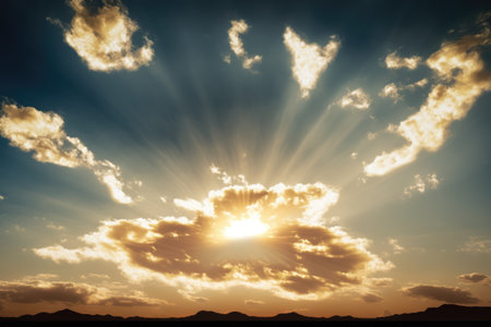Scenery with clouds, sky and sun rays, created using generative ai technology. Cloud and sky scenery, weather and beauty in nature concept digitally generated image.の素材