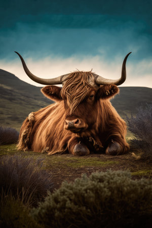 Portrait of highland cow lying in grass in mountains, created using generative ai technology. Cow, animal and nature concept digitally generated image.の素材