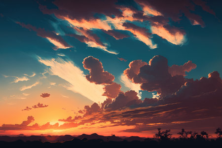 Scenery with clouds, sky and sunset, created using generative ai technology. Cloud and sky scenery, weather and beauty in nature concept digitally generated image.の素材