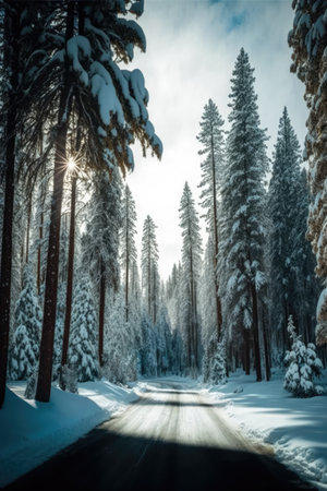 Scenic winter snow landscape with road in forest, created using generative ai technology. Winter, snow scenery, weather and beauty in nature concept digitally generated image.の素材