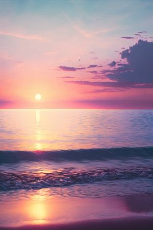 Scenic landscape with sun setting over ocean, created using generative ai technology. Sun, ocean and sky scenery, weather and beauty in nature concept digitally generated image.の素材