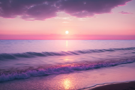 Scenic landscape with sun setting over ocean, created using generative ai technology. Sun, ocean and sky scenery, weather and beauty in nature concept digitally generated image.の素材