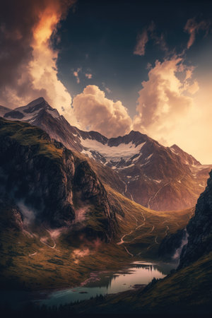 Scenic landscape with mountains, stream and sky with clouds, created using generative ai technology. Scenery and beauty in nature concept digitally generated image.の素材