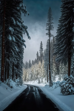 Scenic winter snow landscape with road in forest, created using generative ai technology. Winter, snow scenery, weather and beauty in nature concept digitally generated image.の素材