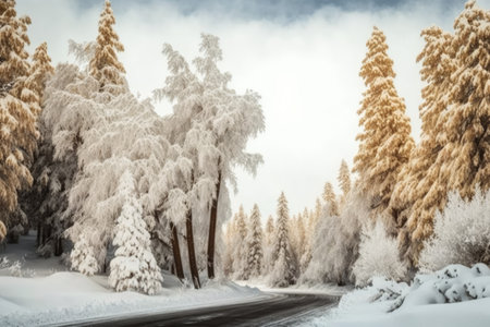 Scenic winter snow landscape with road in forest, created using generative ai technology. Winter, snow scenery, weather and beauty in nature concept digitally generated image.の素材