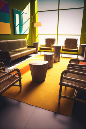 Office waiting room with modern furniture and window, created using generative ai technology. Business modern interiors concept digitally generated image.の素材