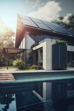 House with solar panels on roof, created using generative ai technology. Solar energy and sustainability concept digitally generated image.の素材