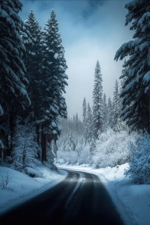 Scenic winter snow landscape with road in forest, created using generative ai technology. Winter, snow scenery, weather and beauty in nature concept digitally generated image.の素材