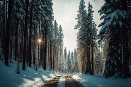 Scenic winter snow landscape with road in forest, created using generative ai technology. Winter, snow scenery, weather and beauty in nature concept digitally generated image.の素材