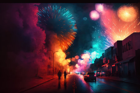 Multi coloured fireworks exploding over city street, created using generative ai technology. New year's eve and celebration concept digitally generated image.の素材
