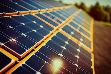 Solar panels with trees, created using generative ai technology. Wind energy, solar energy, sustainability, environment and climate change concept digitally generated image.の素材