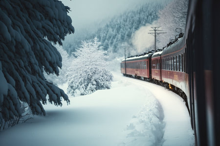 Scenic winter landscape with train in mountains, created using generative ai technology. Winter scenery, travel and beauty in nature concept digitally generated image.の素材