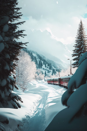 Scenic winter landscape with train in mountains, created using generative ai technology. Winter snow scenery, travel and beauty in nature concept digitally generated image.の素材