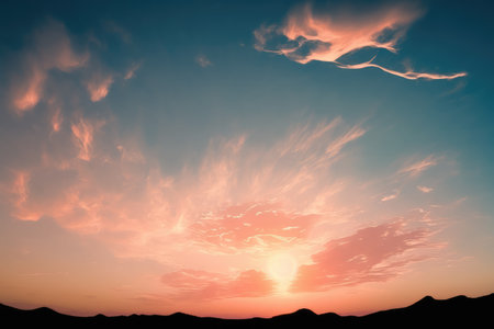 Scenery with clouds, sky and sunset, created using generative ai technology. Cloud and sky scenery, weather and beauty in nature concept digitally generated image.の素材