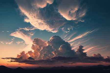 Scenery with clouds, sky and sun light, created using generative ai technology. Cloud and sky scenery, weather and beauty in nature concept digitally generated image.の素材