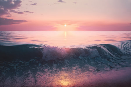 Scenic landscape with sun setting over ocean, created using generative ai technology. Sun, ocean and sky scenery, weather and beauty in nature concept digitally generated image.の素材