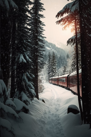 Scenic winter landscape with train in mountains, created using generative ai technology. Winter snow scenery, travel and beauty in nature concept digitally generated image.の素材