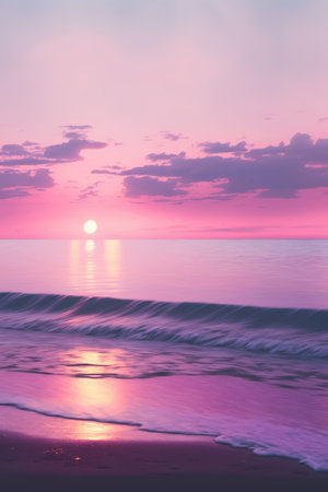 Scenic landscape with sun setting over ocean, created using generative ai technology. Sun, ocean and sky scenery, weather and beauty in nature concept digitally generated image.の素材