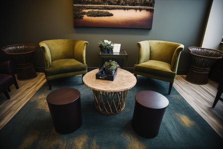 Office waiting room with furniture and painting on wall, created using generative ai technology. Business modern interiors concept digitally generated image.の素材
